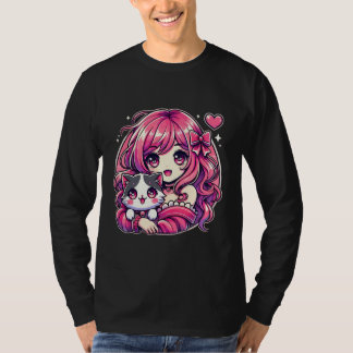 Anime Girl and Cat Kawaii Manga Girl T-Shirt