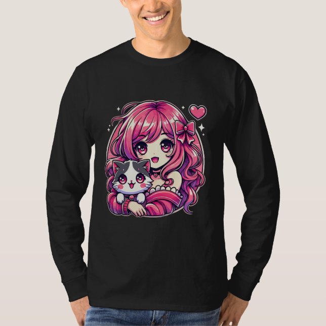 Anime Girl and Cat Kawaii Manga Girl T-Shirt (Vorderseite)
