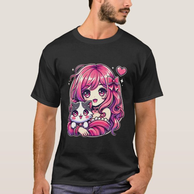 Anime Girl and Cat Kawaii Manga Girl T-Shirt (Vorderseite)
