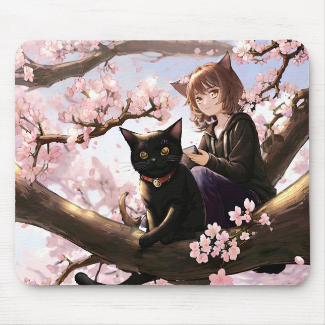 Anime Girl and Cat on a Cherry Blossom Tree Mousepad (Vorne)