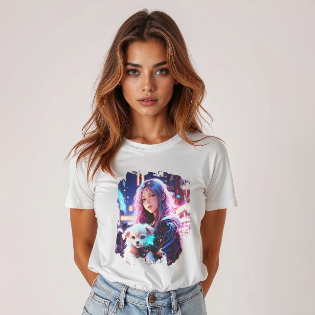 Anime Girl and Puppy: Whimsical Night City T-Shirt (Von Creator hochgeladen)