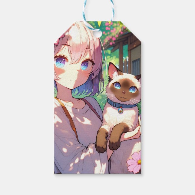 Anime Girl and Siamese Cat To and From Birthday Geschenkanhänger (Vorderseite)