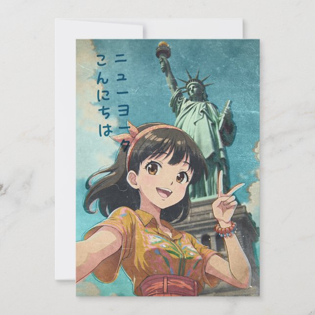 Anime Girl and Statue of Liberty, New York - Retro Dankeskarte (Vorderseite)