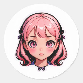 Anime-Girl-Aufkleber - Rosa Haare im Chibi-Stil Runder Aufkleber