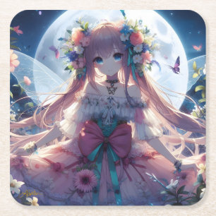 Anime Girl Blume Moon Fairy Rechteckiger Pappuntersetzer