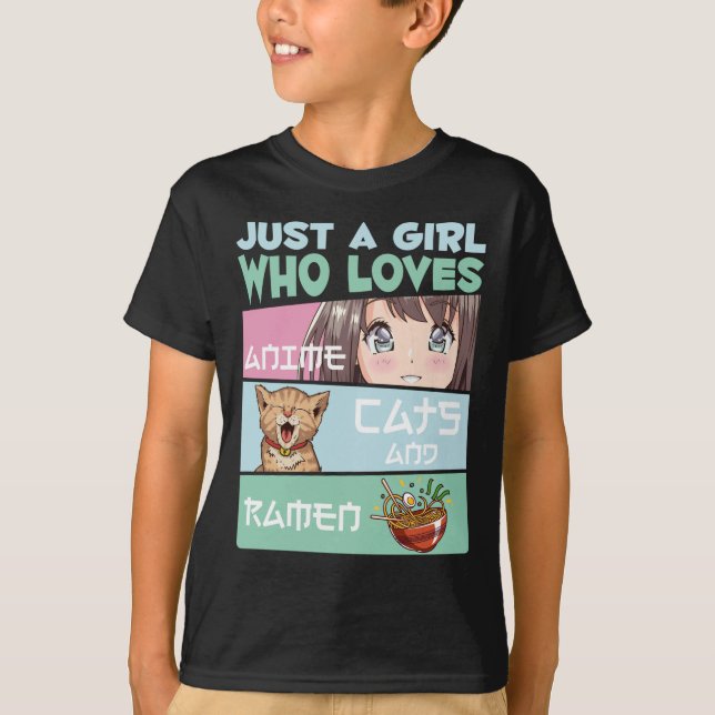 Anime Girl Cat und Ramen süchtig nach japanischen  T-Shirt (Vorderseite)