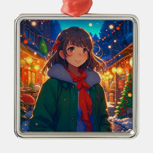 Anime Girl Christmas Lights Ornament Aus Metall (Vorne)