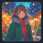 Anime Girl Christmas Lights Quadratischer Aufkleber<br><div class="desc">Hübsches Anime-Mädchen an einem Wintertag Weihnachtskleber.</div>
