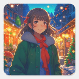 Anime Girl Christmas Lights Quadratischer Aufkleber