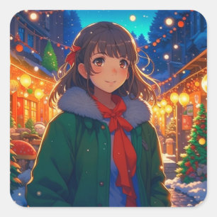 Anime Girl Christmas Lights Quadratischer Aufkleber