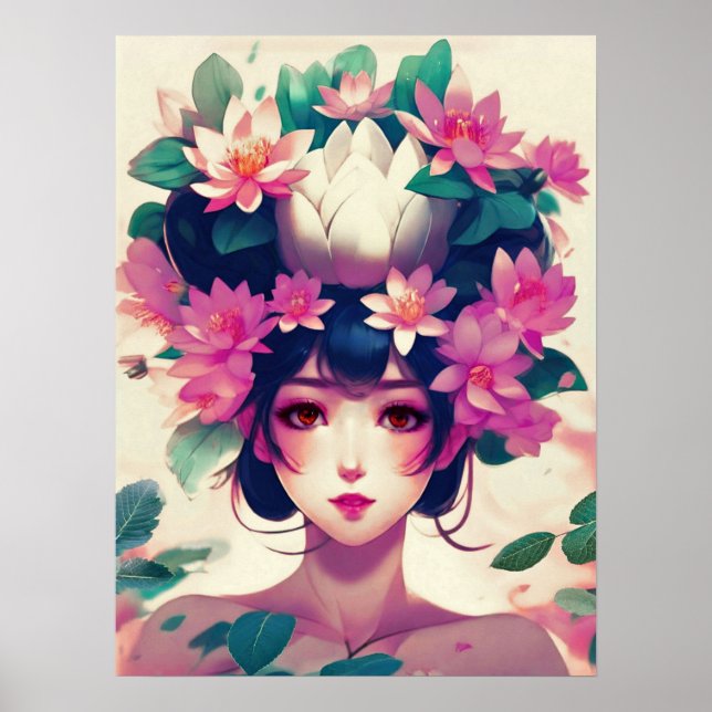 Anime Girl Crowned with Lotus Blossoms Poster (Vorne)