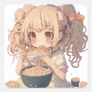 Anime Girl Eating Ramen Noodles Quadratischer Aufkleber