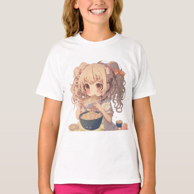 Anime Girl Eating Ramen Noodles T-Shirt (Vorderseite)