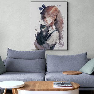 Anime Girl hält ihr Cat Watercolor Portrait Poster