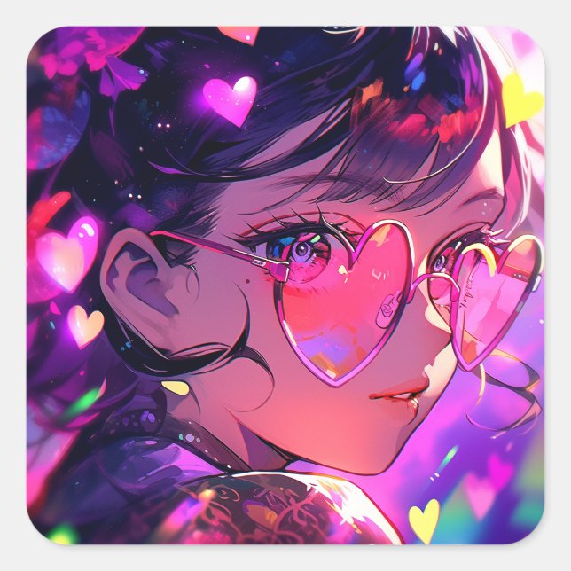 Anime Girl Hearts Quadratischer Aufkleber (Vorderseite)