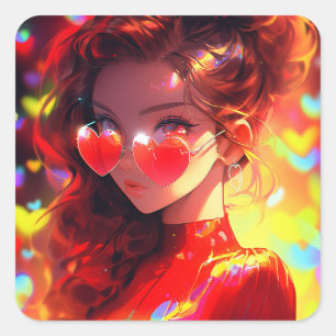 Anime Girl Hearts Quadratischer Aufkleber