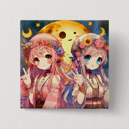 Anime Girl Hippie Moon Girls geben Friedenszeichen Button
