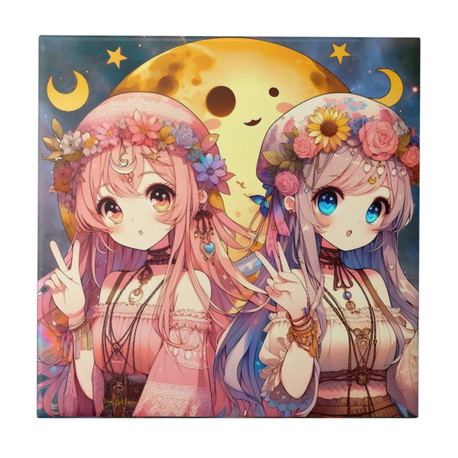 Anime Girl Hippie Moon Girls geben Friedenszeichen Fliese (Vorderseite)