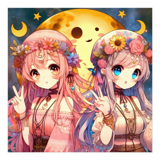 Anime Girl Hippie Moon Girls geben Friedenszeichen Fotodruck (Vorne)