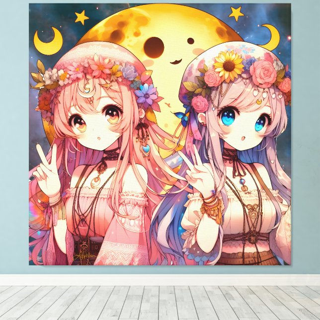 Anime Girl Hippie Moon Girls geben Friedenszeichen Leinwanddruck (Insitu (Holzboden))