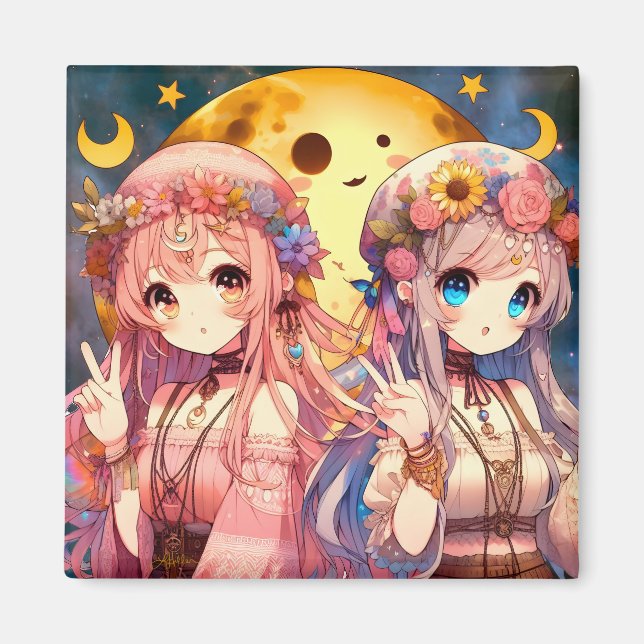 Anime Girl Hippie Moon Girls geben Friedenszeichen Magnet (Vorne)