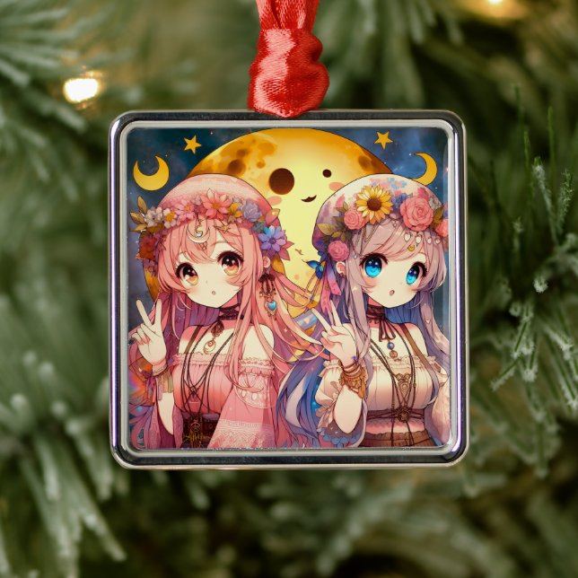 Anime Girl Hippie Moon Girls geben Friedenszeichen Ornament Aus Metall (Baum)