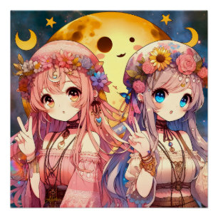 Anime Girl Hippie Moon Girls geben Friedenszeichen Poster