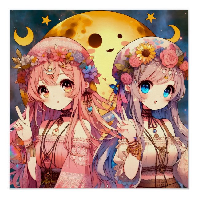 Anime Girl Hippie Moon Girls geben Friedenszeichen Poster (Vorderseite)