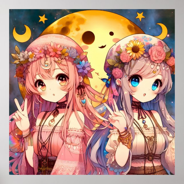 Anime Girl Hippie Moon Girls geben Friedenszeichen Poster (Vorne)