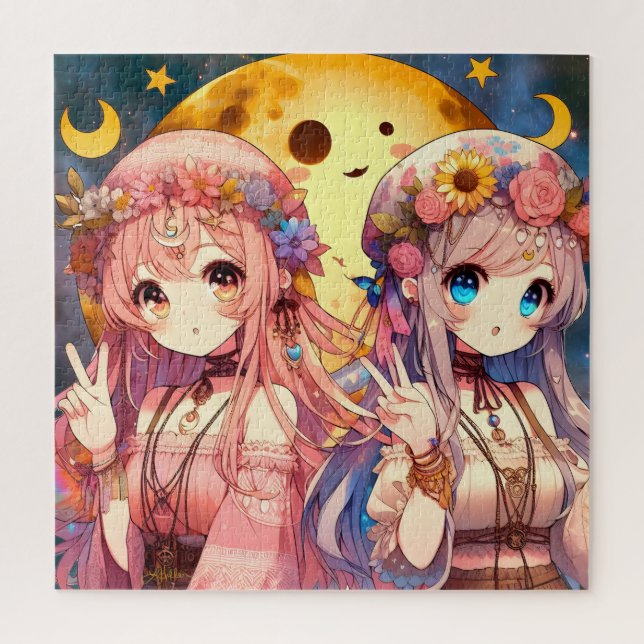 Anime Girl Hippie Moon Girls geben Friedenszeichen Puzzle (Vertikal)