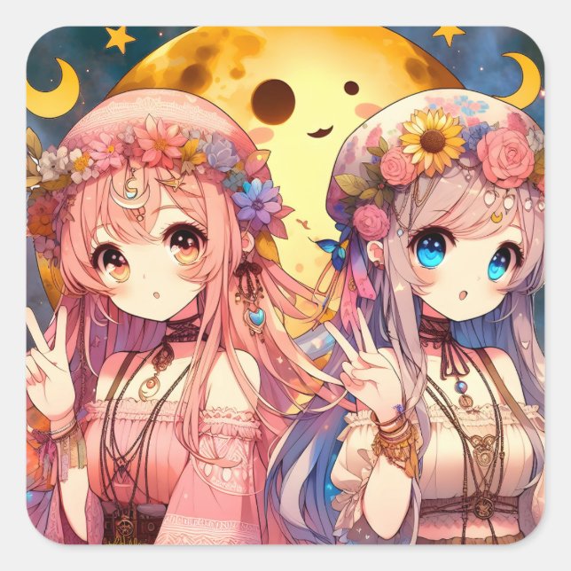 Anime Girl Hippie Moon Girls geben Friedenszeichen Quadratischer Aufkleber (Vorderseite)