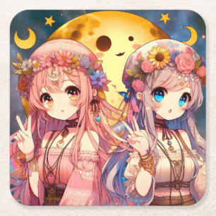 Anime Girl Hippie Moon Girls geben Friedenszeichen Rechteckiger Pappuntersetzer