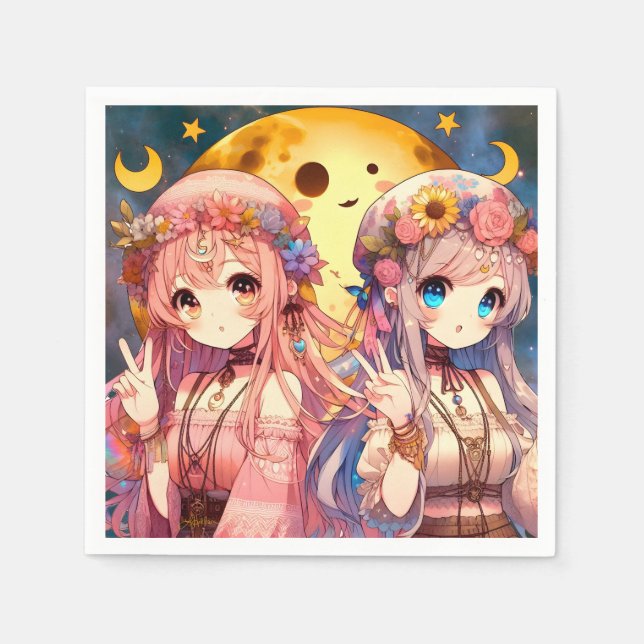 Anime Girl Hippie Moon Girls geben Friedenszeichen Serviette (Vorderseite)