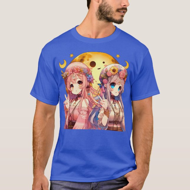 Anime Girl Hippie Moon Girls geben Friedenszeichen T-Shirt (Vorderseite)
