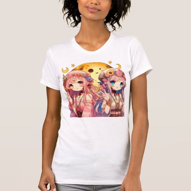 Anime Girl Hippie Moon Girls geben Friedenszeichen T-Shirt (Vorderseite)