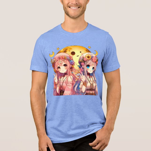 Anime Girl Hippie Moon Girls geben Friedenszeichen Tri-Blend Shirt (Vorderseite)