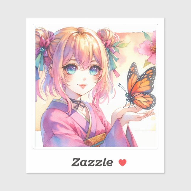 Anime Girl Holding a Butterfly Aufkleber (Blatt)