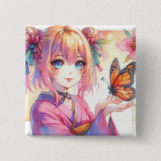 Anime Girl Holding a Butterfly Kunst Button (Vorderseite)