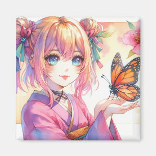 Anime Girl Holding a Butterfly Kunst Magnet