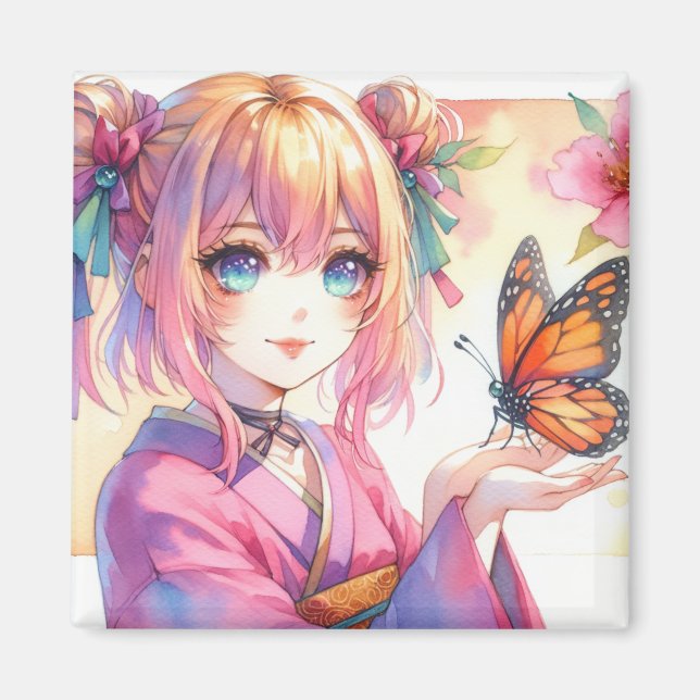 Anime Girl Holding a Butterfly Kunst Magnet (Vorne)