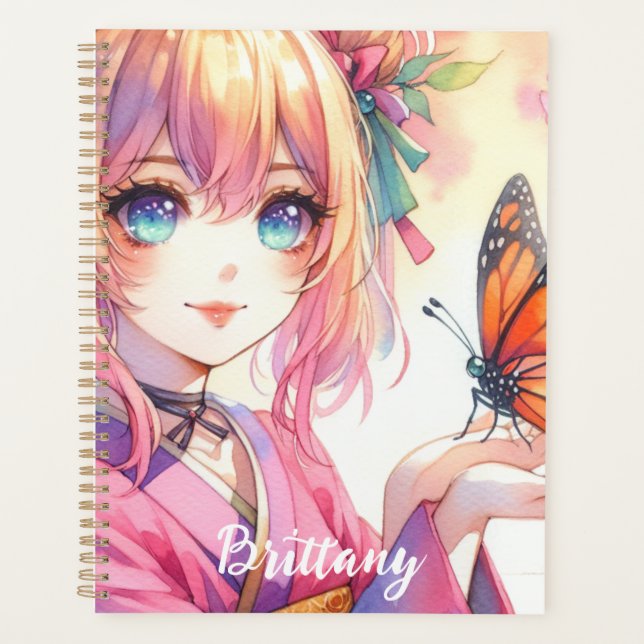 Anime Girl Holding a Butterfly Personalisiert Planer (Vorderseite)