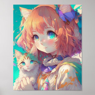 Anime Girl Holding an Adorable Kitten Poster