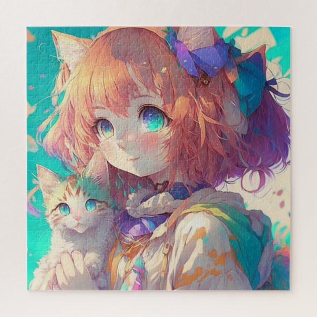 Anime Girl Holding an Adorable Kitten Puzzle (Vertikal)