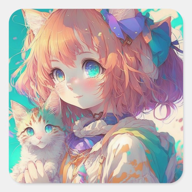 Anime Girl Holding an Adorable Kitten Quadratischer Aufkleber (Vorderseite)