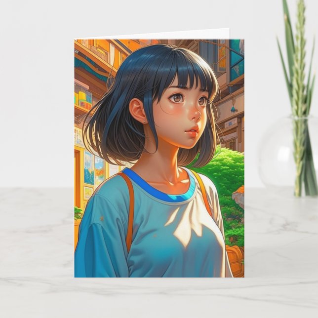Anime Girl in der Stadt | Birthday Colour Page Karte (Vorderseite)