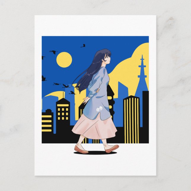 Anime Girl in der Stadt der Nacht Postkarte (Vorderseite)