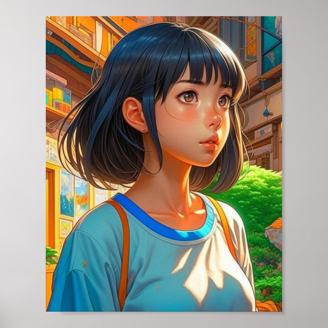 Anime Girl in der Stadt Künstlerisch Poster (Vorne)