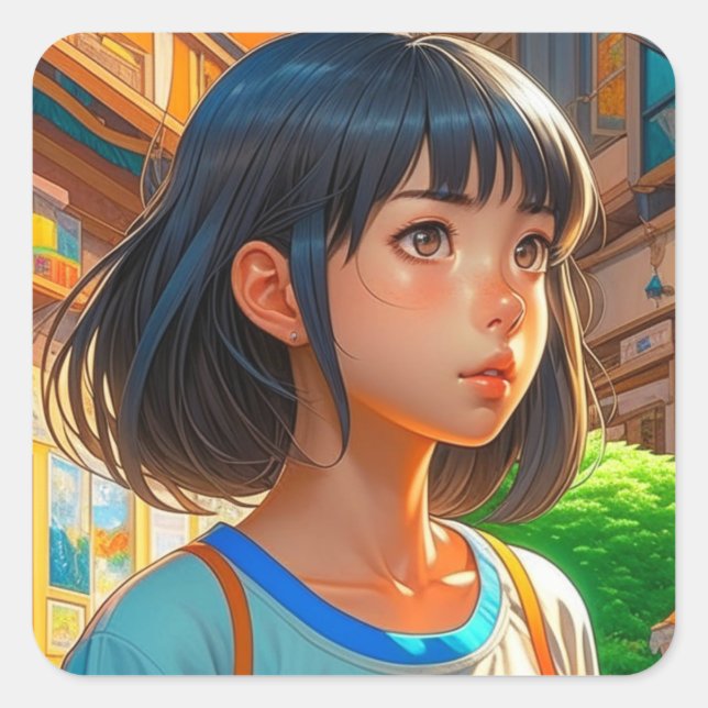 Anime Girl in der Stadt Künstlerisch Quadratischer Aufkleber (Vorderseite)