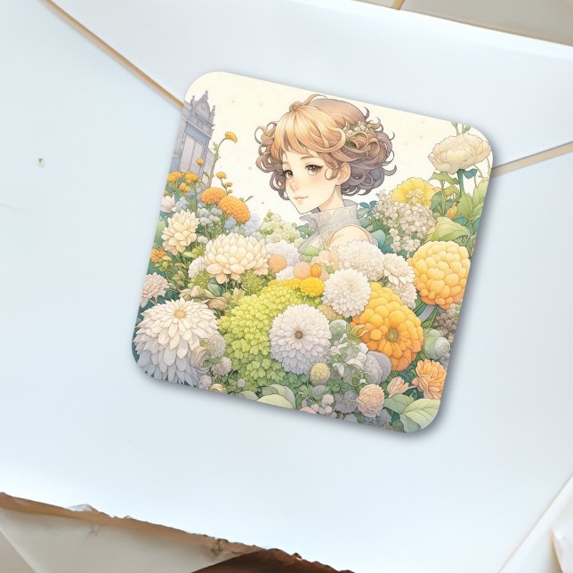 Anime Girl in Gelben Blumen Quadratischer Aufkleber (Von Creator hochgeladen)