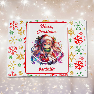 Anime Girl in Weihnachtsmannmütze Wasserfarben Wei Große Geschenktüte